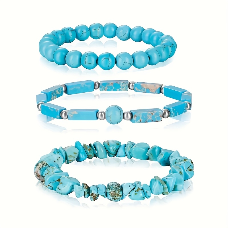 3pcs Turquoise Beaded Bracelets Bohemian Style Elastic Jewelry